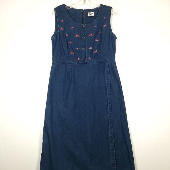 Vintage Denim Embroidered Dress - Maxi Long Blue Jean Dress - TABI - Size 8 - Picture 1 of 9